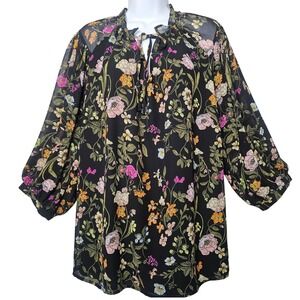Boho Floral Blouse Tie Neck Peasant Top Black Multicolor Plus 1X Sheer Sleeves